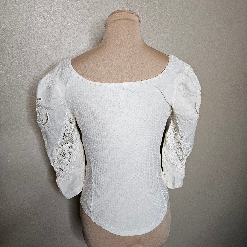 Free People Brunch Date Eyelet Crochet Lace Balloon Sleeve Knit Top Small Ivory - Picture 7 of 12